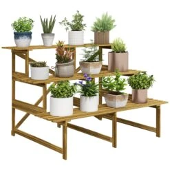 Outsunny Pflanzentreppe Mit 3 Stufen Natur 120 X 80 X 80 Cm (LxBxH) | Blumenregal Blumenbank Blumentreppe Blumenständer