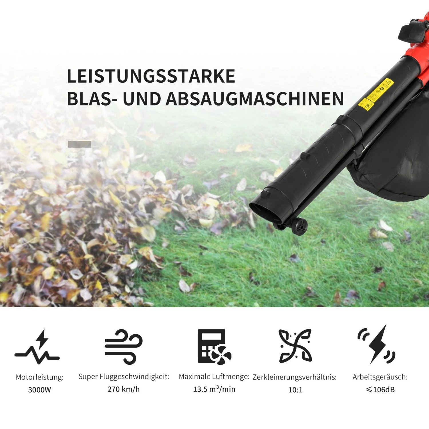 Outsunny Laubgebläse 3000 W Starkes Laubgebläse, 3-in-1 Funktion, 45-Liter-Fangsack Rot 118 X 17 X 29 Cm (LxBxH) | Vakuumgebläse Laubbläser Blätter Abfall 5 Outsunny Laubgebläse 3000 W Starkes Laubgebläse, 3-in-1 Funktion, 45-Liter-Fangsack Rot 118 X 17 X 29 Cm (LxBxH) | Vakuumgebläse Laubbläser Blätter Abfall – Bild 5