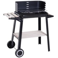 Outsunny Grillwagen Mit Windschutz Schwarz 87 X 45 X 83 Cm (LxBxH) | Kohlegrill BBQ Standgrill Holzkohlegrill Gartengrill