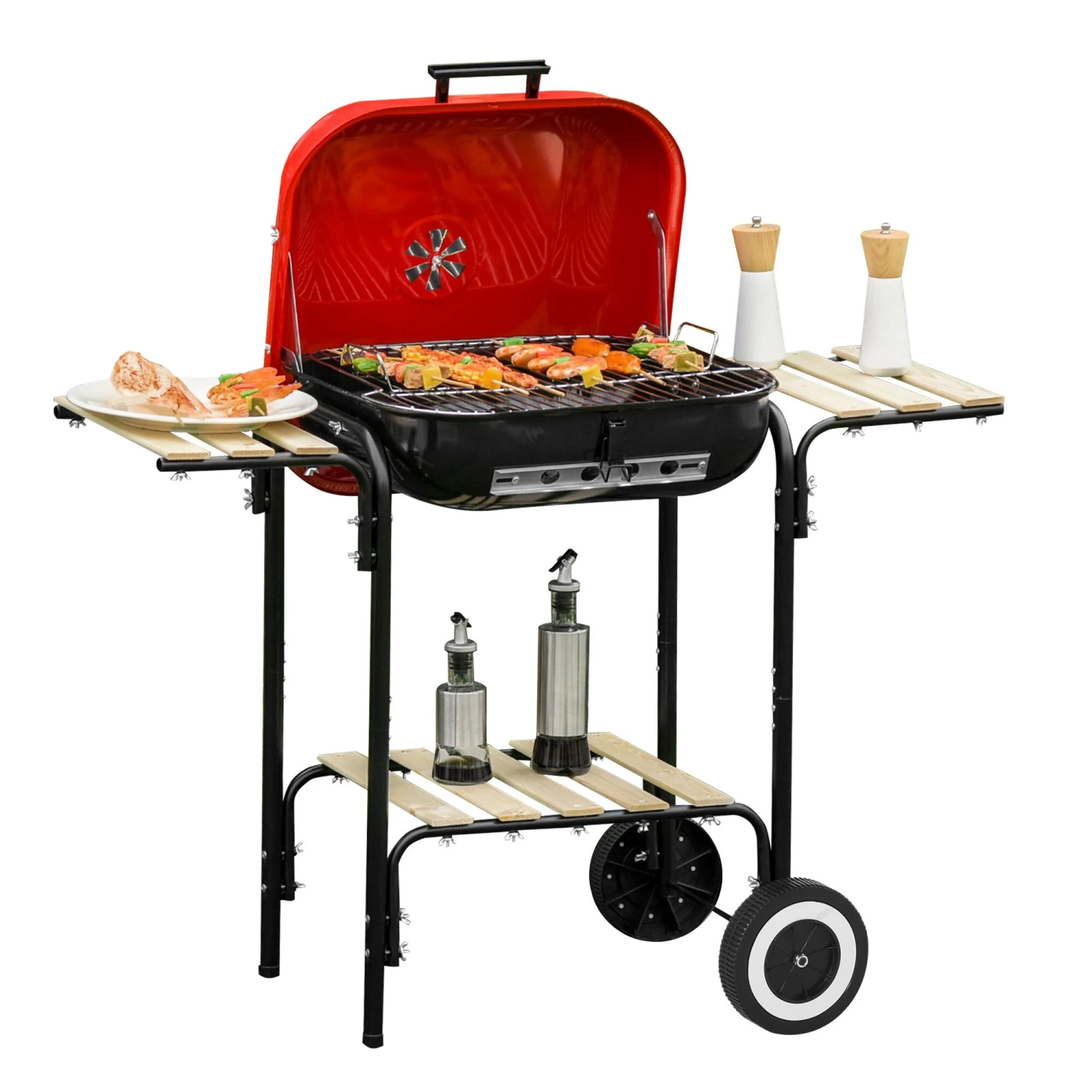 Outsunny Grillwagen Mit 3 Ablagen Schwarz, Rot 98 X 49 X 81 Cm (LxBxH) | Kohlegrill BBQ Grillwagen Holzkohlegrill Gartengrill 2 Outsunny Grillwagen Mit 3 Ablagen Schwarz, Rot 98 X 49 X 81 Cm (LxBxH) | Kohlegrill BBQ Grillwagen Holzkohlegrill Gartengrill – Bild 2