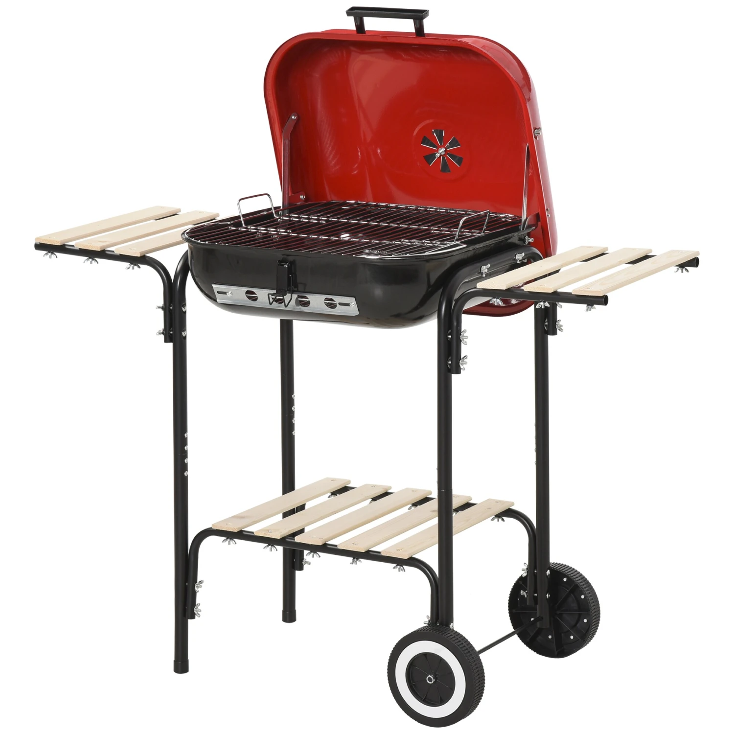 Outsunny Grillwagen Mit 3 Ablagen Schwarz, Rot 98 X 49 X 81 Cm (LxBxH) | Kohlegrill BBQ Grillwagen Holzkohlegrill Gartengrill 4 Outsunny Grillwagen Mit 3 Ablagen Schwarz, Rot 98 X 49 X 81 Cm (LxBxH) | Kohlegrill BBQ Grillwagen Holzkohlegrill Gartengrill – Bild 4