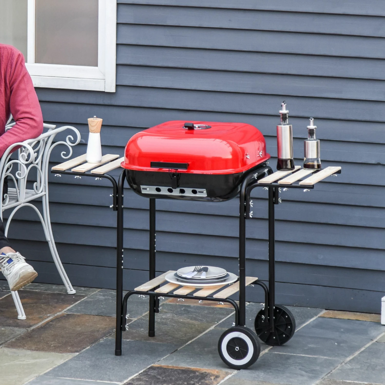 Outsunny Grillwagen Mit 3 Ablagen Schwarz, Rot 98 X 49 X 81 Cm (LxBxH) | Kohlegrill BBQ Grillwagen Holzkohlegrill Gartengrill 6 Outsunny Grillwagen Mit 3 Ablagen Schwarz, Rot 98 X 49 X 81 Cm (LxBxH) | Kohlegrill BBQ Grillwagen Holzkohlegrill Gartengrill – Bild 6