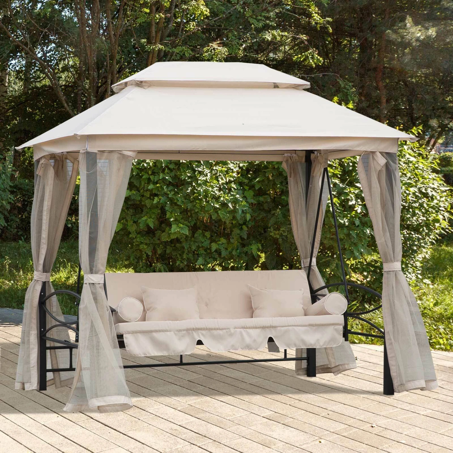 Outsunny Hollywoodschaukel Mit Seitenwänden Beige, Schwarz 245 X 165 X 243 Cm (LxBxH) | Schaukelbank Gartenschaukel Mit Pavillon 3-Sitzer 5 Outsunny Hollywoodschaukel Mit Seitenwänden Beige, Schwarz 245 X 165 X 243 Cm (LxBxH) | Schaukelbank Gartenschaukel Mit Pavillon 3-Sitzer – Bild 5
