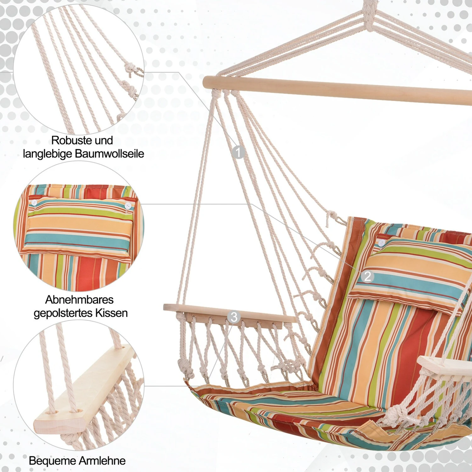 Outsunny Hängesessel Mit Kopfkissen Mehrfarbig 100 X 106 Cm (LxH) | Hängestuhl Hängematte Hängesitz Schaukelstuhl 6 Outsunny Hängesessel Mit Kopfkissen Mehrfarbig 100 X 106 Cm (LxH) | Hängestuhl Hängematte Hängesitz Schaukelstuhl – Bild 6
