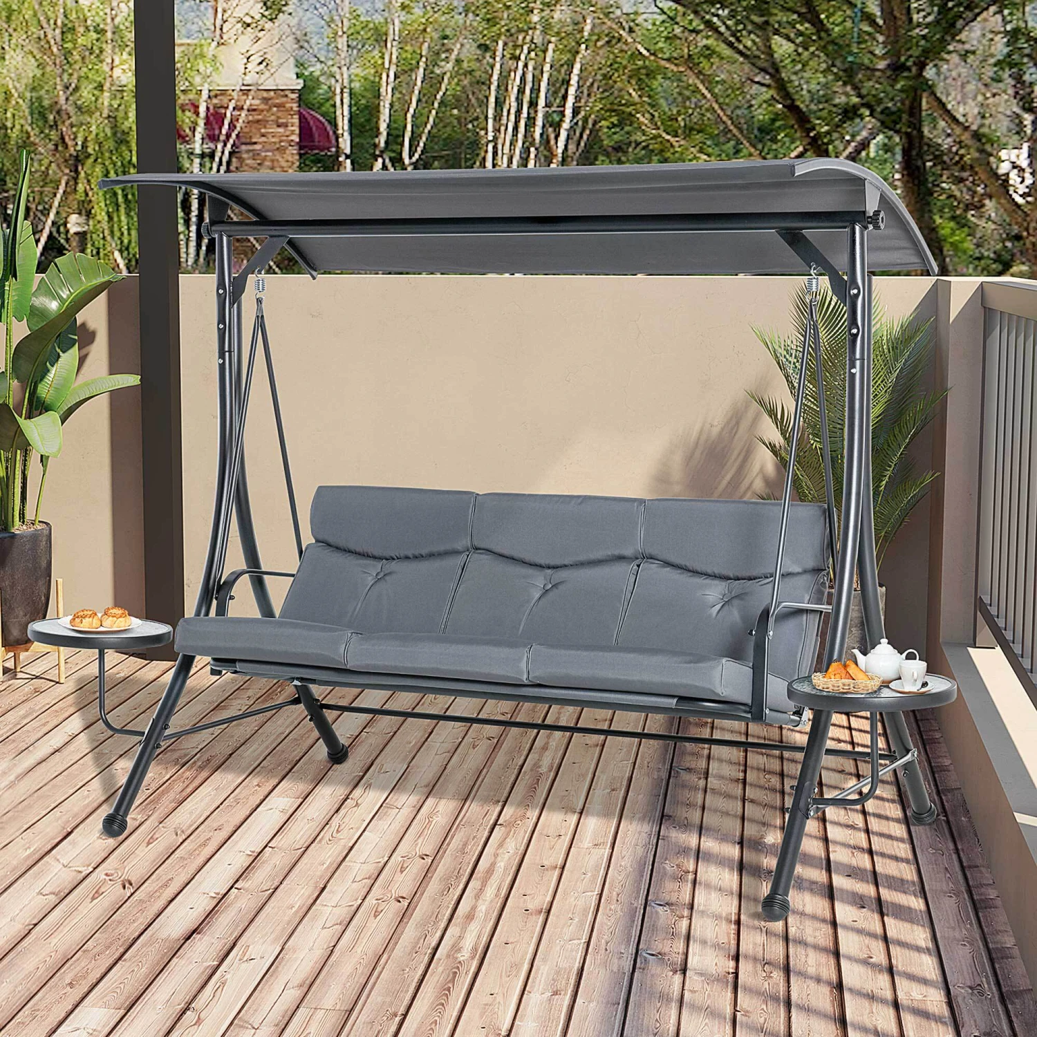 Outsunny 3-Sitzer Hollywoodschaukel Mit Verstellbarem Sonnendach Grau, Schwarz 278 X 125 X 177 Cm (BxTxH) | Metallschaukel Schaukelbank 3-Sitzer Gartenschaukel 4 Outsunny 3-Sitzer Hollywoodschaukel Mit Verstellbarem Sonnendach Grau, Schwarz 278 X 125 X 177 Cm (BxTxH) | Metallschaukel Schaukelbank 3-Sitzer Gartenschaukel – Bild 4