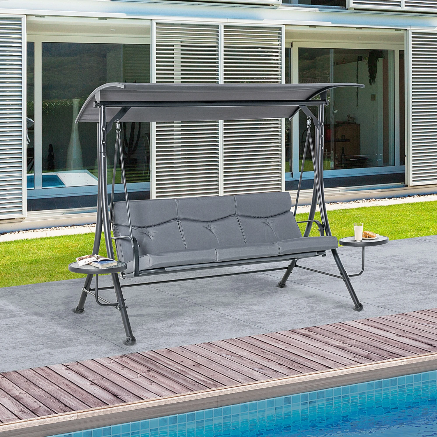 Outsunny 3-Sitzer Hollywoodschaukel Mit Verstellbarem Sonnendach Grau, Schwarz 278 X 125 X 177 Cm (BxTxH) | Metallschaukel Schaukelbank 3-Sitzer Gartenschaukel 5 Outsunny 3-Sitzer Hollywoodschaukel Mit Verstellbarem Sonnendach Grau, Schwarz 278 X 125 X 177 Cm (BxTxH) | Metallschaukel Schaukelbank 3-Sitzer Gartenschaukel – Bild 5