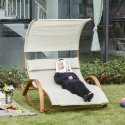 Outsunny Sonnenliege Für 2 Personen Grau, Weiß 190 X 135 X 185 Cm (BxTxH) | Doppelliege Gartenliege Liegestuhl Sonnendach -OUTSUNNY Verkäufe 8600336600 84B 543 prod 004