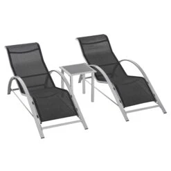 Outsunny 2er Set Gartenliegen Mit Tisch Grau, Schwarz | Gartenliege Relaxliege Strandliege Gartenmöbel