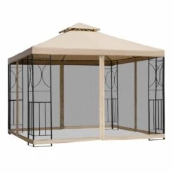 Outsunny Metallpavillon Mit Moskitonetz Beige 300 X 300 X 278 Cm (LxBxH) | Gartenpavillon Gartenzelt Festzelt Partyzelt