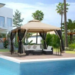 Outsunny Metallpavillon Mit Moskitonetz Beige 300 X 300 X 278 Cm (LxBxH) | Gartenpavillon Gartenzelt Festzelt Partyzelt -OUTSUNNY Verkäufe 8600336600 84C 128 prod 005