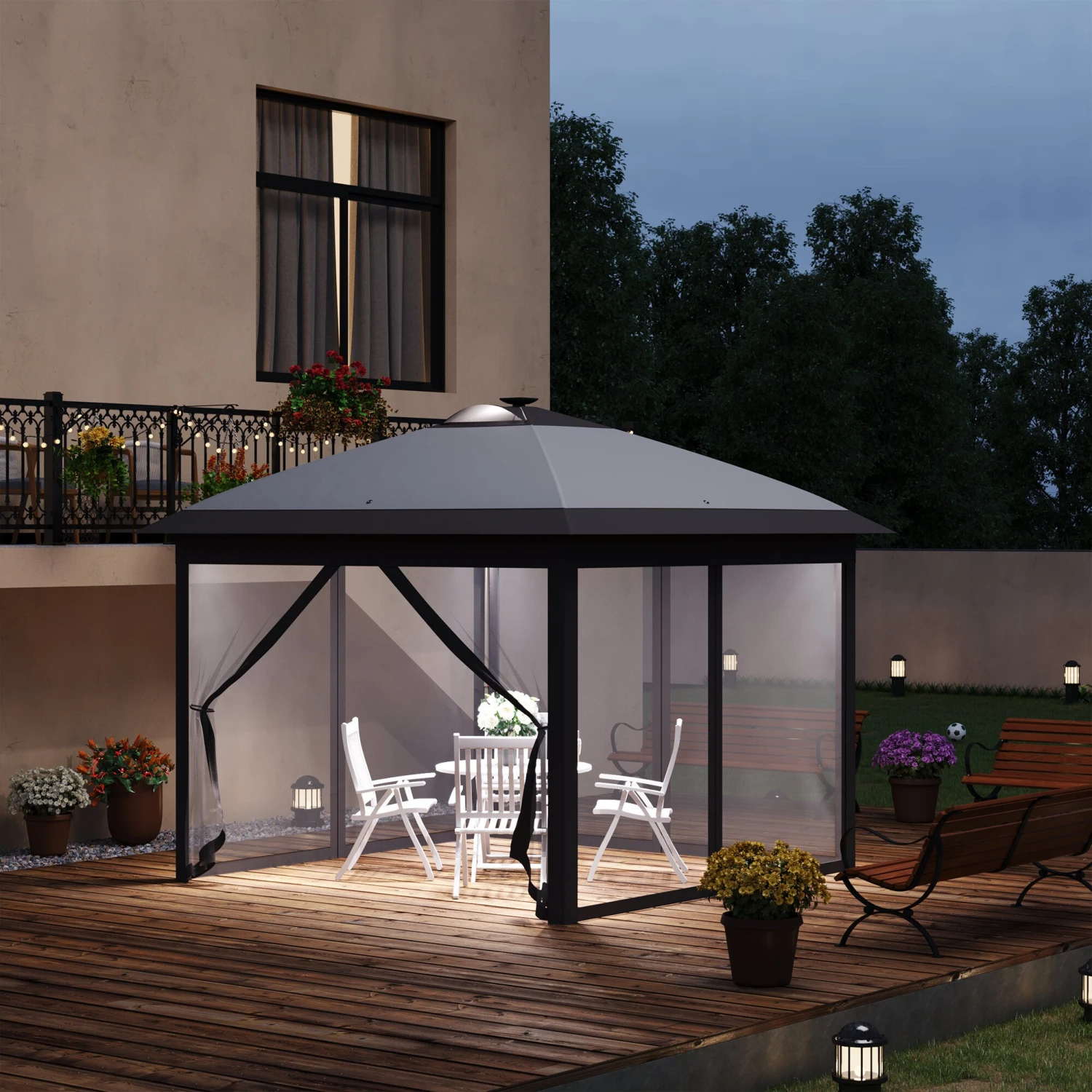 Outsunny Faltpavillon Mit LED Solar Lichterkette Und USB-Ladeanschluss Grau 330L X 330B X 285H Cm | Pavillon Gartenpavillon Pop-up-pavillon 3 Outsunny Faltpavillon Mit LED Solar Lichterkette Und USB-Ladeanschluss Grau 330L X 330B X 285H Cm | Pavillon Gartenpavillon Pop-up-pavillon – Bild 3