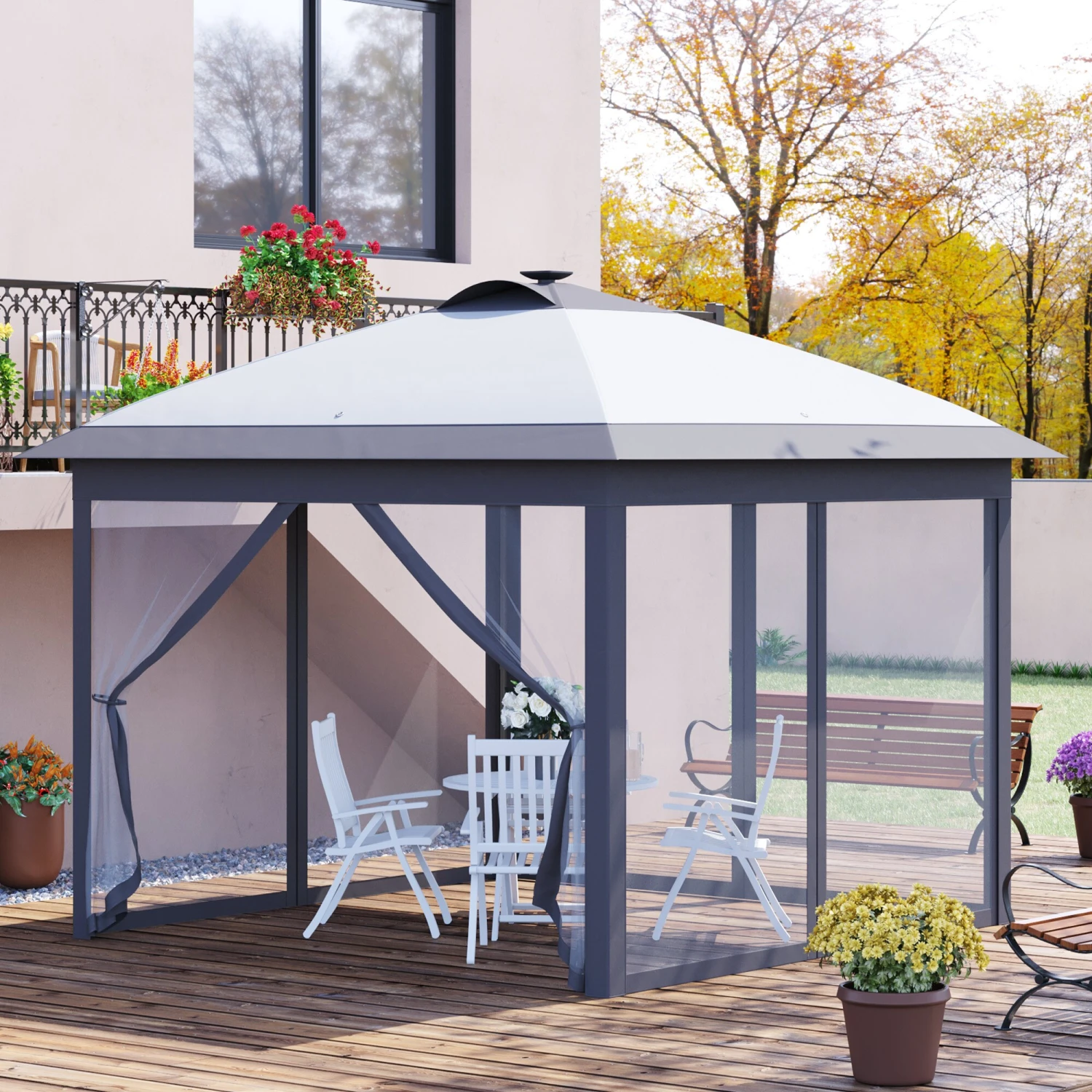 Outsunny Faltpavillon Mit LED Solar Lichterkette Und USB-Ladeanschluss Grau 330L X 330B X 285H Cm | Pavillon Gartenpavillon Pop-up-pavillon 4 Outsunny Faltpavillon Mit LED Solar Lichterkette Und USB-Ladeanschluss Grau 330L X 330B X 285H Cm | Pavillon Gartenpavillon Pop-up-pavillon – Bild 4