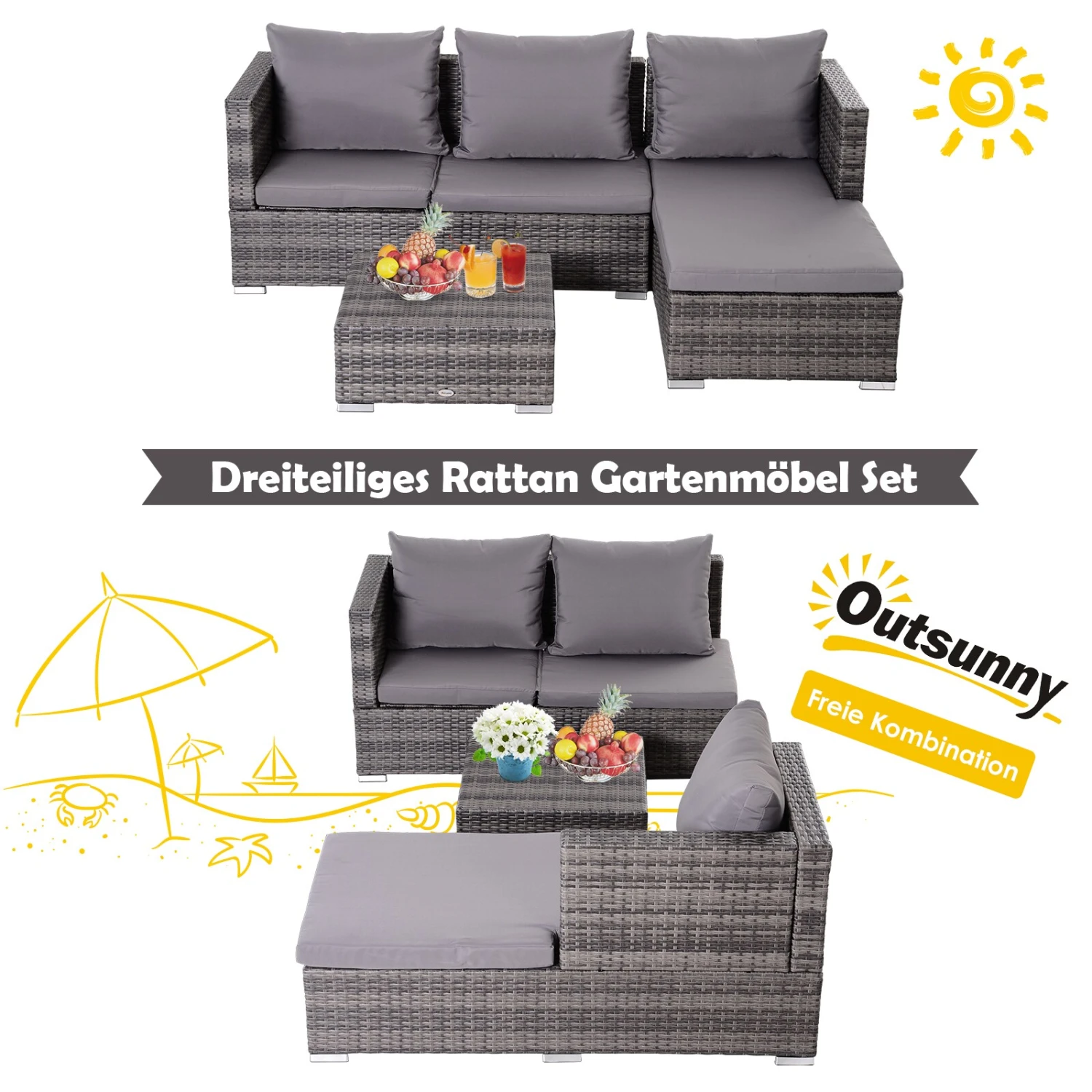 Outsunny Rattan Sitzgruppe Als 3-teiliges Set Grau | Gartensofa Beistelltisch Mit Stauraum Gartenmöbel 6 Outsunny Rattan Sitzgruppe Als 3-teiliges Set Grau | Gartensofa Beistelltisch Mit Stauraum Gartenmöbel – Bild 6