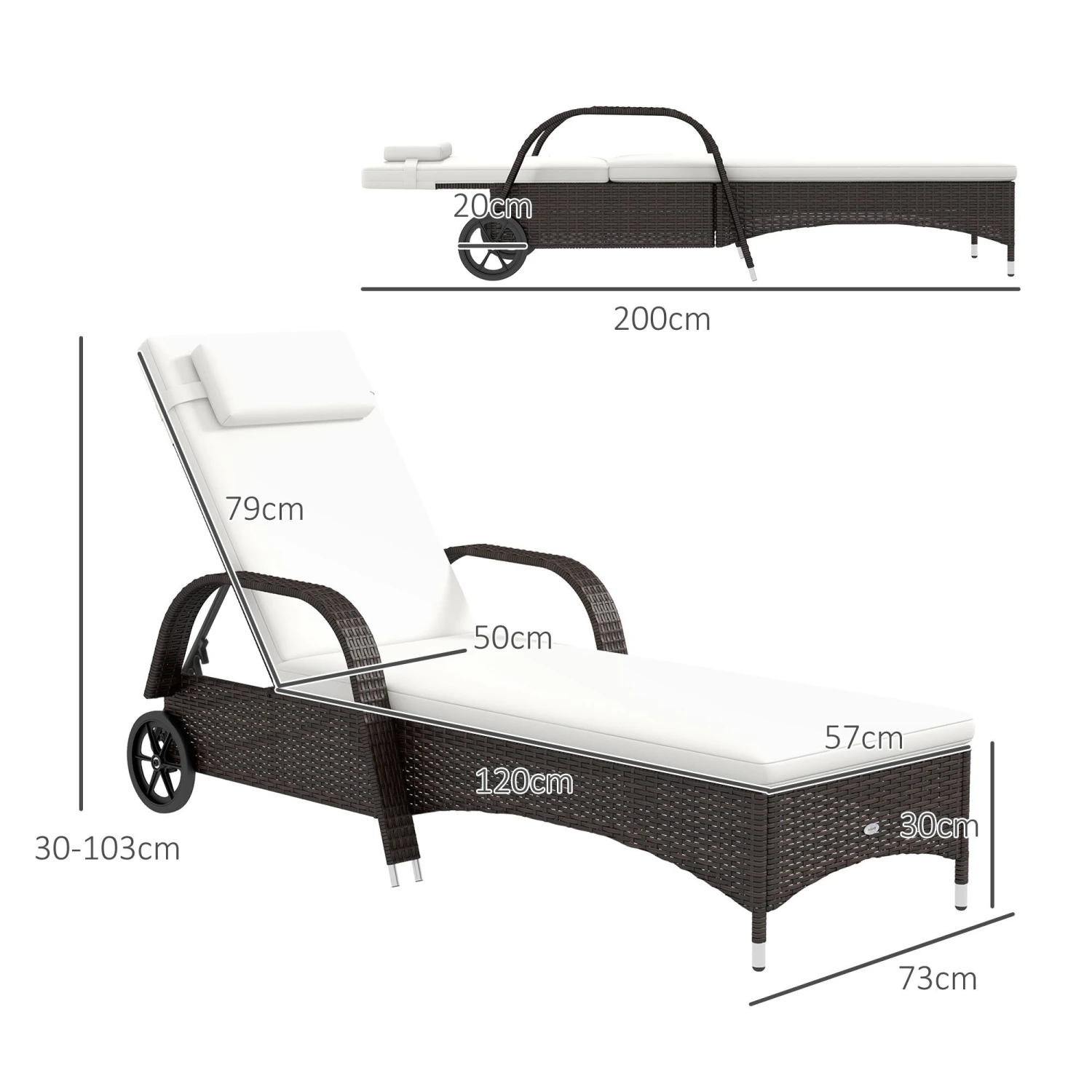 Outsunny Mobile Rattanliege Für Den Garten 200 X 73 X 56-103 Cm (LxBxH) | Sonnenliege Rattanliege Gartenmöbel Polyrattan 2 Outsunny Mobile Rattanliege Für Den Garten 200 X 73 X 56-103 Cm (LxBxH) | Sonnenliege Rattanliege Gartenmöbel Polyrattan – Bild 2
