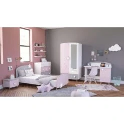 Kinderzimmer Sternschnuppe 5-tlg Rosa Weiß Grau Kleiderschrank Kinderbett 2 Kommoden Schreibtisch