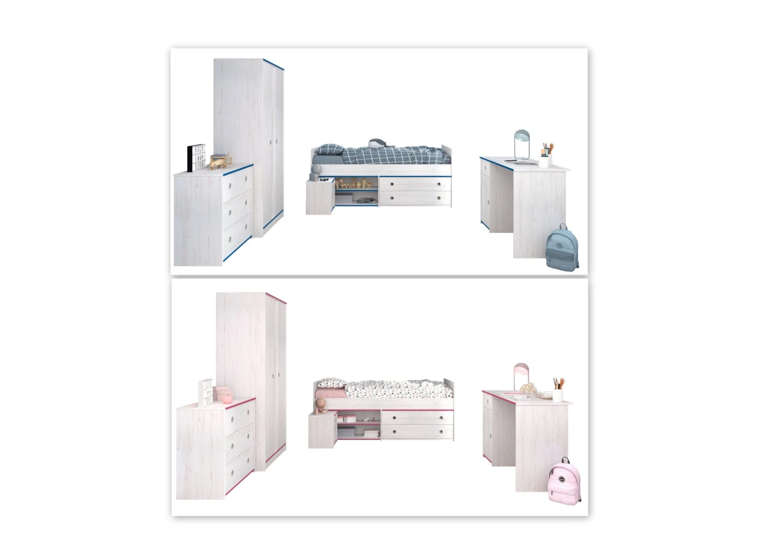 Kinderzimmer Smoozy Parisot 5-tlg Bett + Nachtkommode + Schreibtisch + Kleiderschrank + Kommode Weiß 1 Kinderzimmer Smoozy Parisot 5-tlg Bett + Nachtkommode + Schreibtisch + Kleiderschrank + Kommode Weiß