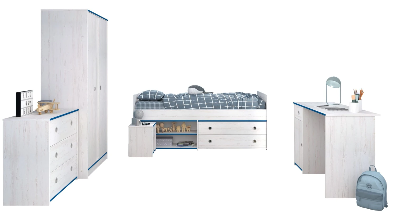 Kinderzimmer Smoozy Parisot 5-tlg Bett + Nachtkommode + Schreibtisch + Kleiderschrank + Kommode Weiß 2 Kinderzimmer Smoozy Parisot 5-tlg Bett + Nachtkommode + Schreibtisch + Kleiderschrank + Kommode Weiß – Bild 2