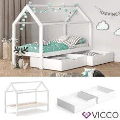 VITALISPA Kinderbett WIKI 90x200 Cm Weiß Schlafplatz Schubladen Hausbett Kinderhaus