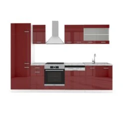 VICCO KÜCHE R-LINE 300CM KÜCHENZEILE KÜCHENBLOCK EINBAU ROT BORDEAUX HOCHGLANZ