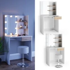 VICCO LED Schminktisch DEKOS Frisiertisch Kommode Kosmetik Weiß Eiche Hocker