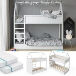 VITALISPA Hochbett Massimo Kinderbett Etagenbett Doppelstockbett Holzbett Weiß + 2 Matratzen