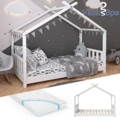 VITALISPA Kinderbett Hausbett DESIGN 80x160cm Weiß Zaun Kinder Holz Haus Hausbett Mit Matratze