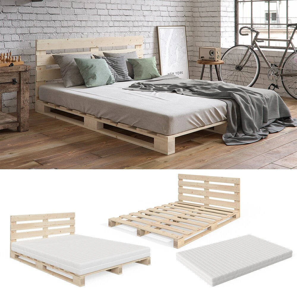 VitaliSpa Palettenbett Holzbett Palettenmöbel 140x200cm Kopfteil + Matratze H3 1 VitaliSpa Palettenbett Holzbett Palettenmöbel 140x200cm Kopfteil + Matratze H3