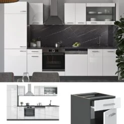 VICCO KÜCHE R-LINE 300 CM KÜCHENZEILE KÜCHENBLOCK EINBAUKÜCHE ANTHRAZIT WEISS HOCHGLANZ