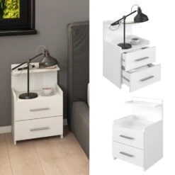 Vicco Nachttisch Beistelltisch Nachtschrank Alpin Weiß Nachtkommode 2 Schubladen