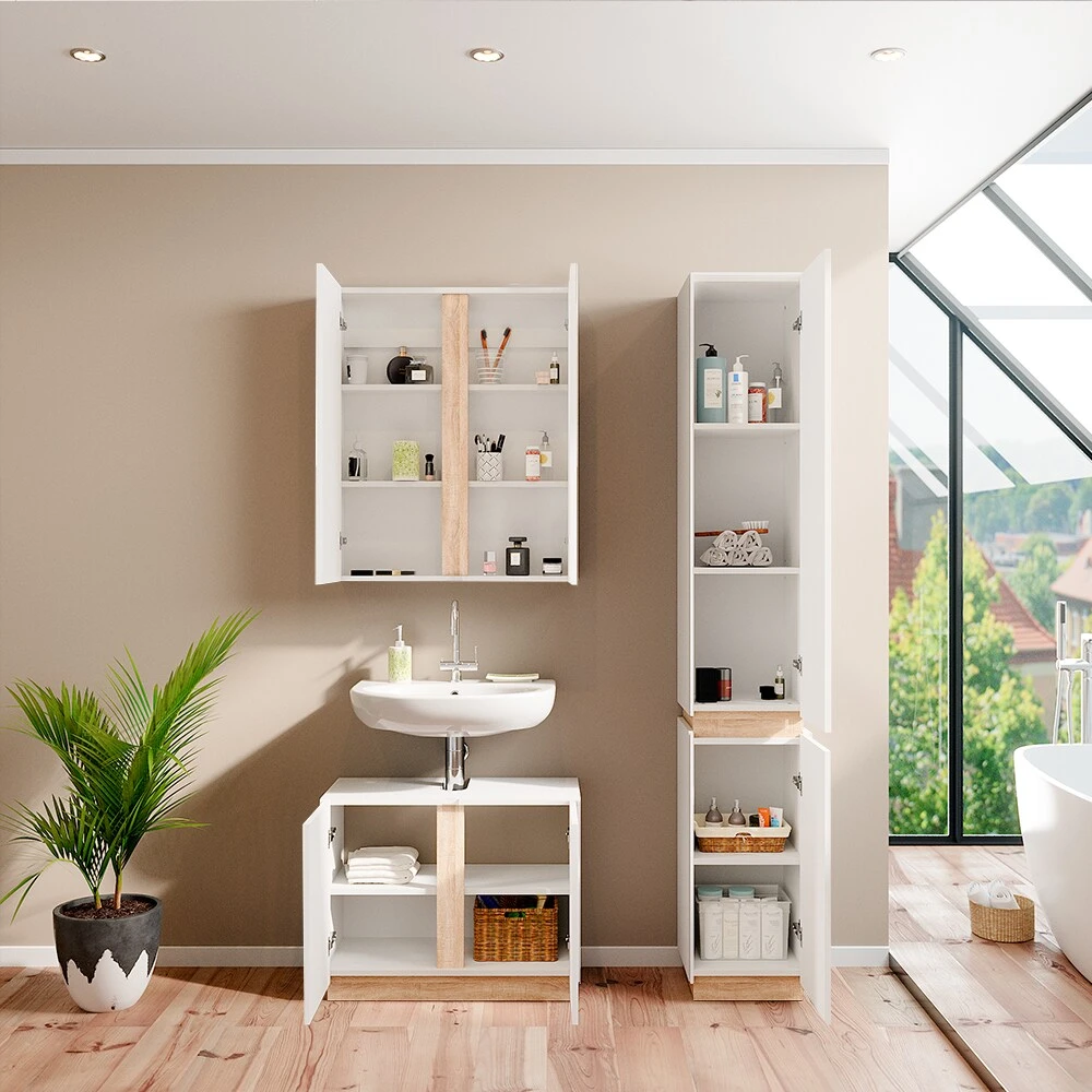 Vicco Badmöbelset Spiegelschrank Unterschrank Hochschrank Gloria Weiß/Sonoma Bad 4 Vicco Badmöbelset Spiegelschrank Unterschrank Hochschrank Gloria Weiß/Sonoma Bad – Bild 4