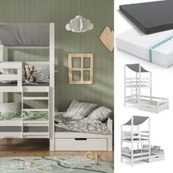 VitaliSpa Spielturmbett Kinderbett Spielbett Tom Weiß Modern 204x218 Cm Massivholz Kinderzimmer Lattenrost Bettleiter Bett Schublade Matratze Abenteuerbett Kletterbett