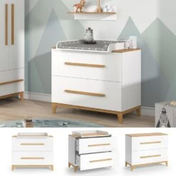 VitaliSpa Wickelkommode Wickeltisch Wickelschrank Malia Weiß Eiche Modern 108x90 Cm Kinderzimmer Möbel Babymöbel Wickelaufsatz Wickelauflage Schublade Wickelkombi