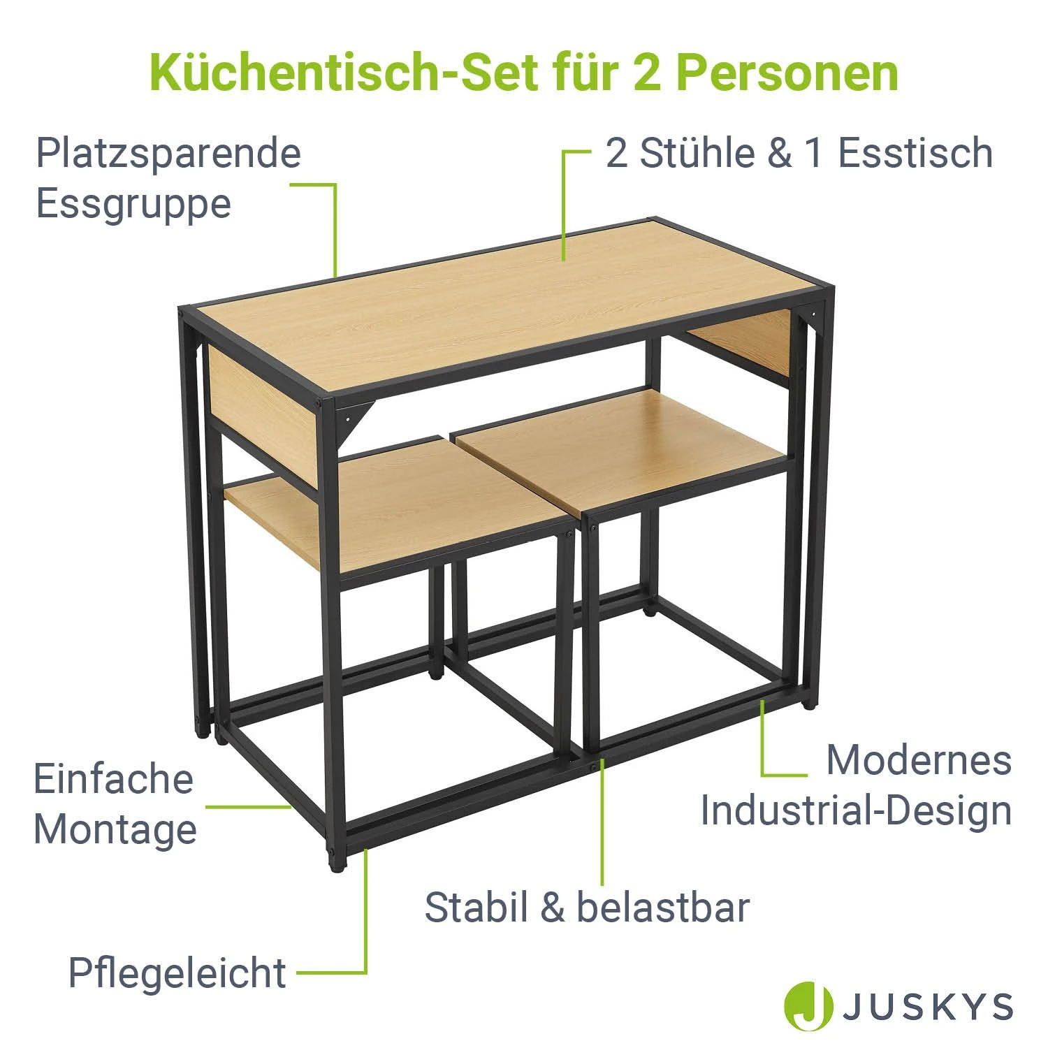 Juskys Küchentisch Set Mit Esstisch & 2 Stühlen - Industrial Design, Platzsparend - Helle Holzoptik 3 Juskys Küchentisch Set Mit Esstisch & 2 Stühlen - Industrial Design, Platzsparend - Helle Holzoptik – Bild 3