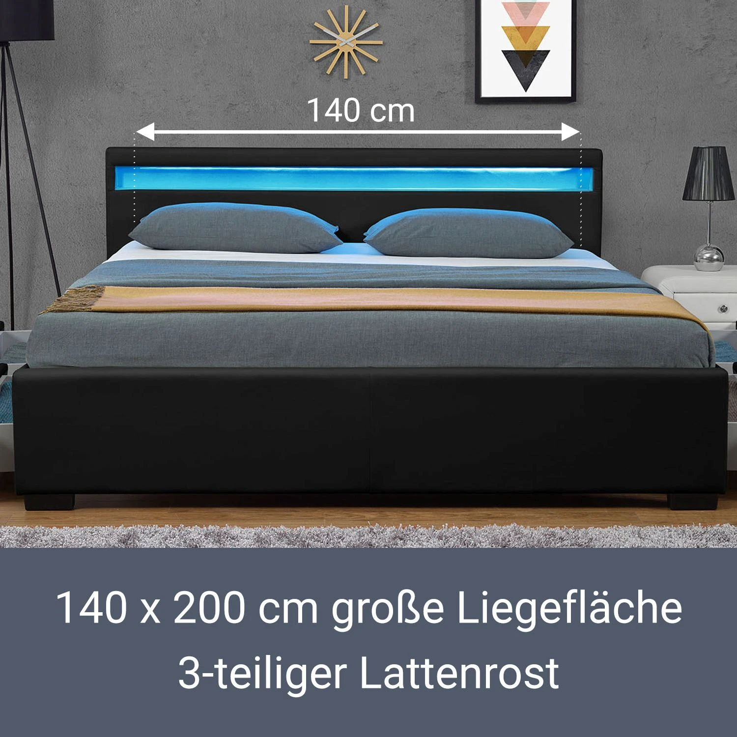 Juskys Polsterbett Lyon 140x200 Cm Mit Lattenrost, Bettkasten & LED Beleuchtung - Schwarz 4 Juskys Polsterbett Lyon 140x200 Cm Mit Lattenrost, Bettkasten & LED Beleuchtung - Schwarz – Bild 4