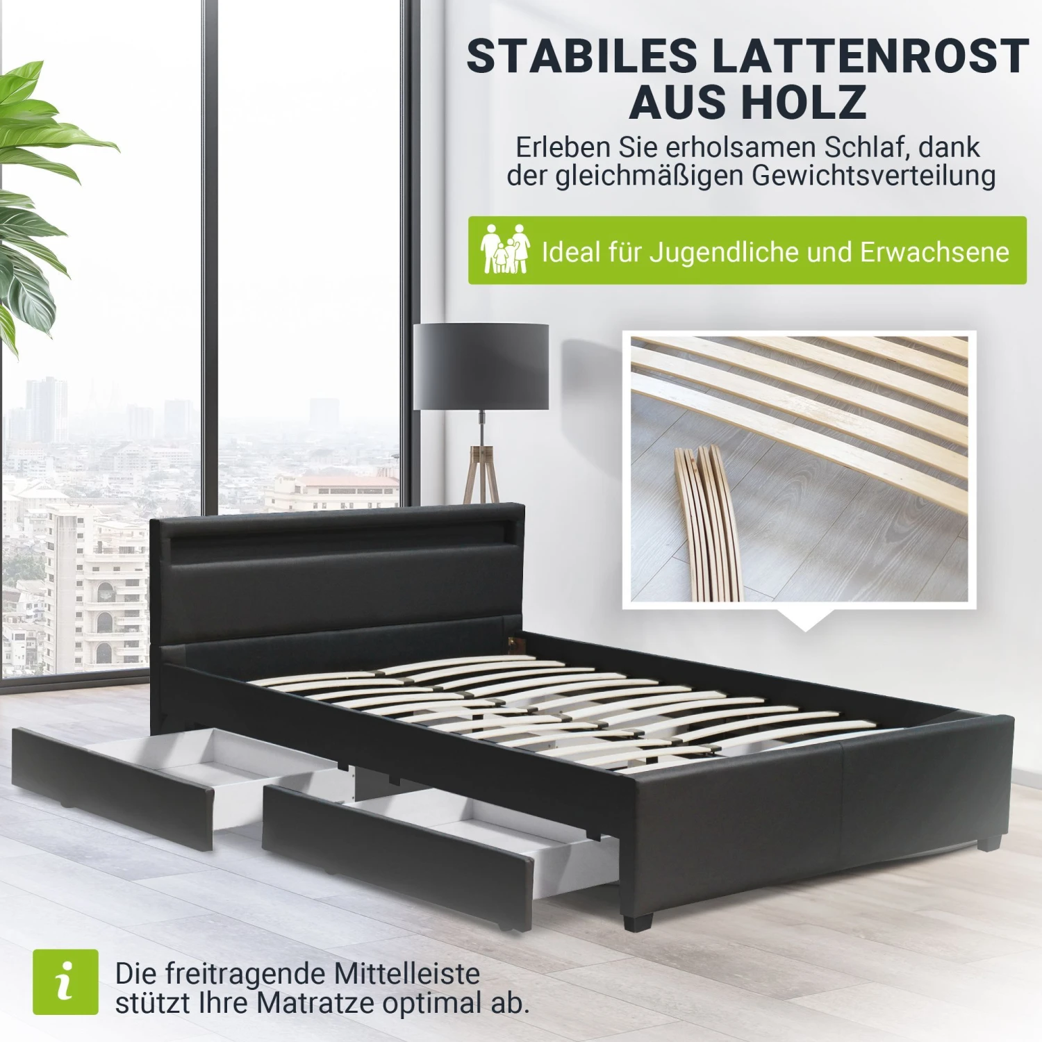 Juskys Polsterbett Lyon 140 X 200 Cm Schwarz Mit Kaltschaummatratze 3 Juskys Polsterbett Lyon 140 X 200 Cm Schwarz Mit Kaltschaummatratze – Bild 3