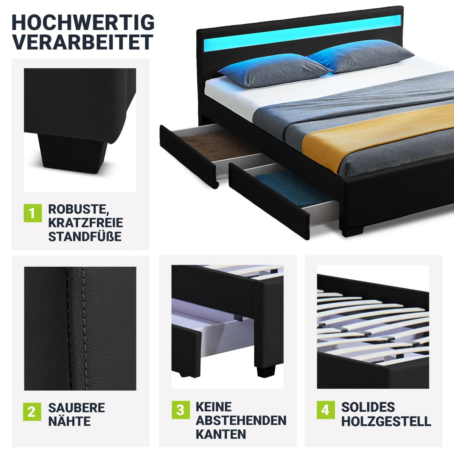 Juskys Polsterbett Lyon 140 X 200 Cm Schwarz Mit Kaltschaummatratze 5 Juskys Polsterbett Lyon 140 X 200 Cm Schwarz Mit Kaltschaummatratze – Bild 5