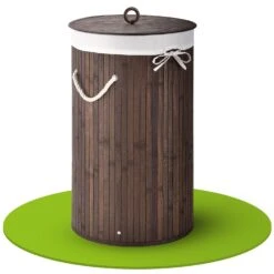 Juskys Bambus Wäschekorb Curly-Round 55 Liter Wäschesammler Mit Deckel, Griff & Wäschesack – Braun