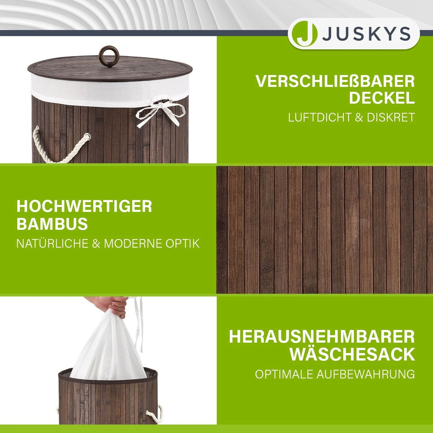 Juskys Bambus Wäschekorb Curly-Round 55 Liter Wäschesammler Mit Deckel, Griff & Wäschesack – Braun 3 Juskys Bambus Wäschekorb Curly-Round 55 Liter Wäschesammler Mit Deckel, Griff & Wäschesack – Braun – Bild 3