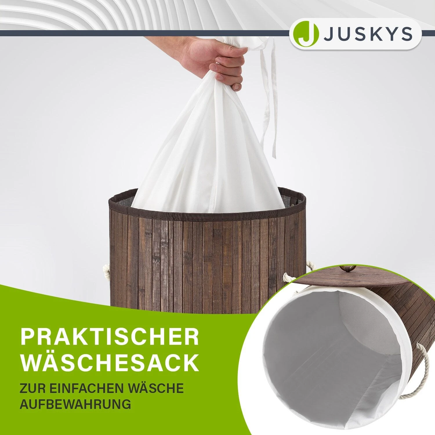 Juskys Bambus Wäschekorb Curly-Round 55 Liter Wäschesammler Mit Deckel, Griff & Wäschesack – Braun 4 Juskys Bambus Wäschekorb Curly-Round 55 Liter Wäschesammler Mit Deckel, Griff & Wäschesack – Braun – Bild 4
