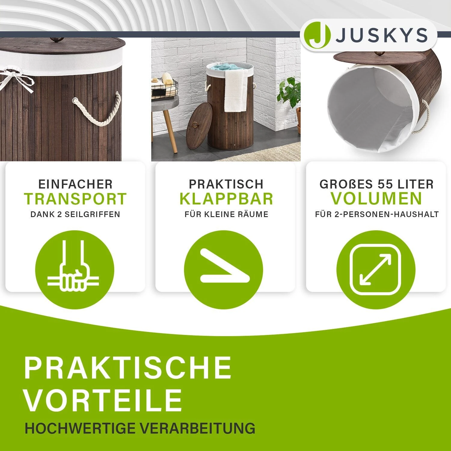 Juskys Bambus Wäschekorb Curly-Round 55 Liter Wäschesammler Mit Deckel, Griff & Wäschesack – Braun 6 Juskys Bambus Wäschekorb Curly-Round 55 Liter Wäschesammler Mit Deckel, Griff & Wäschesack – Braun – Bild 6