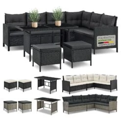 Juskys Gartenlounge Manacor Schwarz - Sofa, Tisch, Hocker & Kissen - 7 Personen - Sitzbezüge In Grau