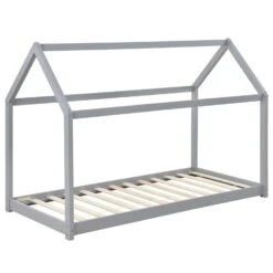 Juskys Kinderbett Carlotta 90 X 200 Cm Lattenrost & Dach | Grau | Hausbett | Holz | Kiefer