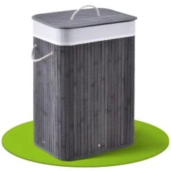 Juskys Bambus Wäschekorb Curly 72 Liter Mit Stoff Wäschesack & Tragegriffen | Wäschebox In Grau