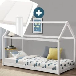 Juskys Kinderbett Carlotta 90 X 200 Cm Matratze, Lattenrost& Dach | Holz | Hausbett In Weiß