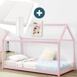 Juskys Kinderbett Carlotta 90 X 200 Cm Matratze, Lattenrost& Dach | Holz | Hausbett In Rose