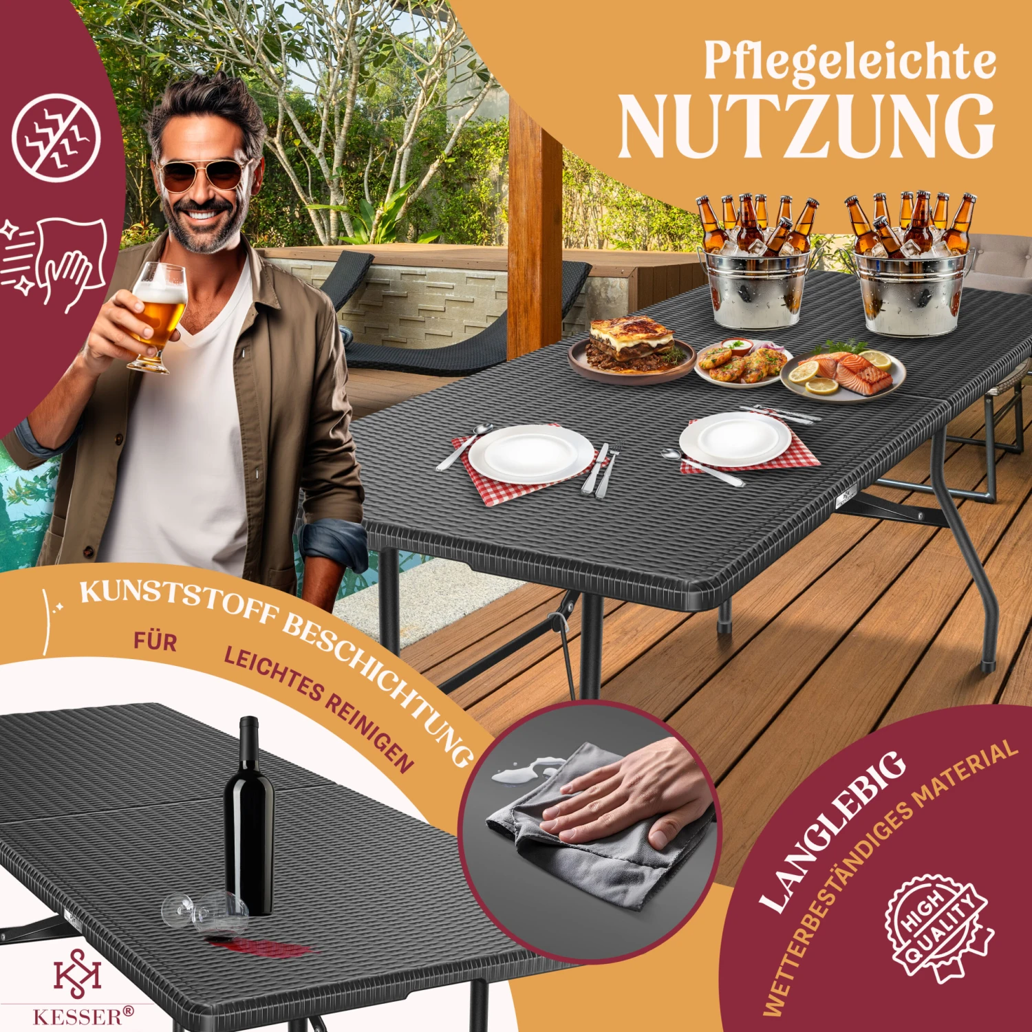 KESSER® Buffettisch Tisch Klappbar Kunststoff 180x75 Cm Rattan Optik Campingtisch Partytisch Klapptisch Gartentisch Für Garten Terrasse Und Balkon Zusammenklappbar 6 Personen Ink. Tragegriff 3 KESSER® Buffettisch Tisch Klappbar Kunststoff 180x75 Cm Rattan Optik Campingtisch Partytisch Klapptisch Gartentisch Für Garten Terrasse Und Balkon Zusammenklappbar 6 Personen Ink. Tragegriff – Bild 3