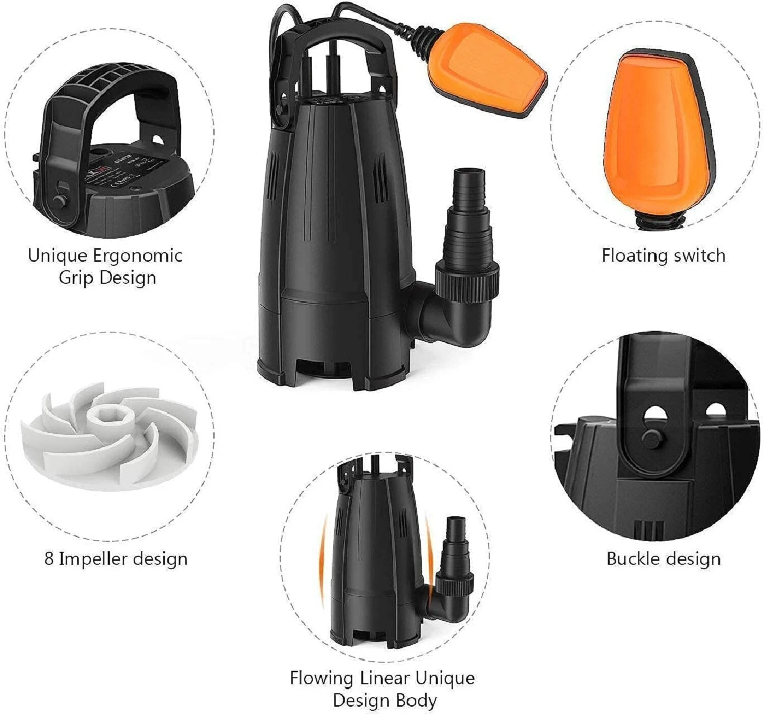 TACKLIFE GSUP2B, Tauchpumpe, 400-W-Pumpe, Max. Durchflussrate 9000 L / H, Max. Förderhöhe 5 M, Verunreinigungen Ø 25 Mm, Max. Eintauchtiefe 6 M, 8-Blatt-Laufräder, Schmutzwasser-Tauchpumpe Mit Schwimmerschalter 2 TACKLIFE GSUP2B, Tauchpumpe, 400-W-Pumpe, Max. Durchflussrate 9000 L / H, Max. Förderhöhe 5 M, Verunreinigungen Ø 25 Mm, Max. Eintauchtiefe 6 M, 8-Blatt-Laufräder, Schmutzwasser-Tauchpumpe Mit Schwimmerschalter – Bild 2